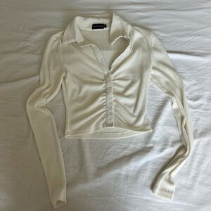 White/ Cream Longsleeve High Neck Collared Crop Top